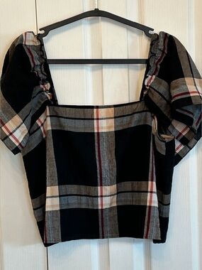 Club Monaco Black Plaid Crop Top Square Neck Flutter Sleeve M